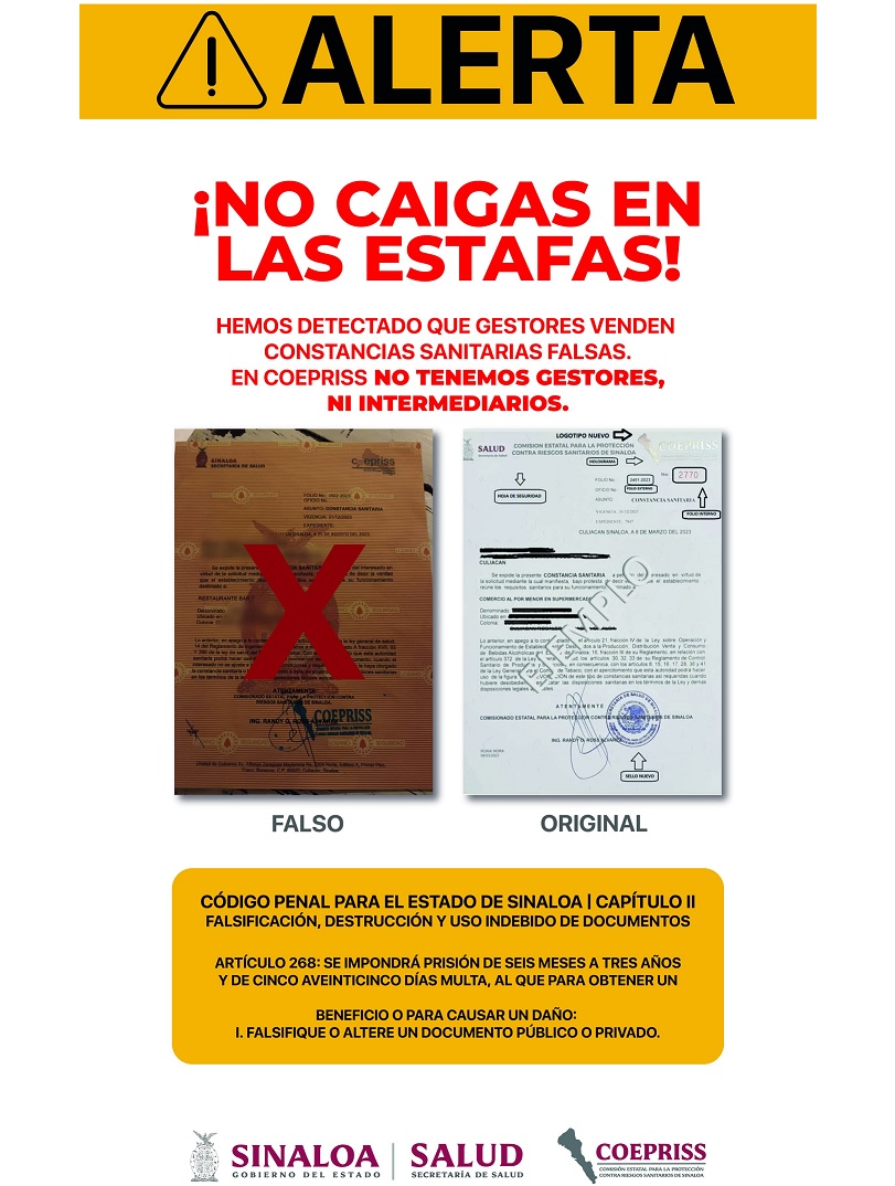 Falsos gestores de Coepriss cobran 20 mil pesos por la expedición de constancias sanitarias