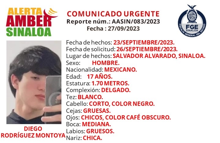 Fiscalía localiza a salvo a Diego Rodríguez Montoya de Guamúchil