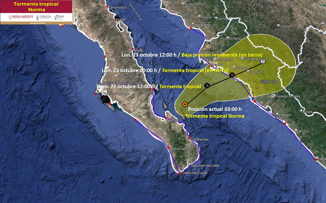 La tormenta tropical Norma se localiza en aguas del Golfo de California con rumbo hacia el norte de Sinaloa