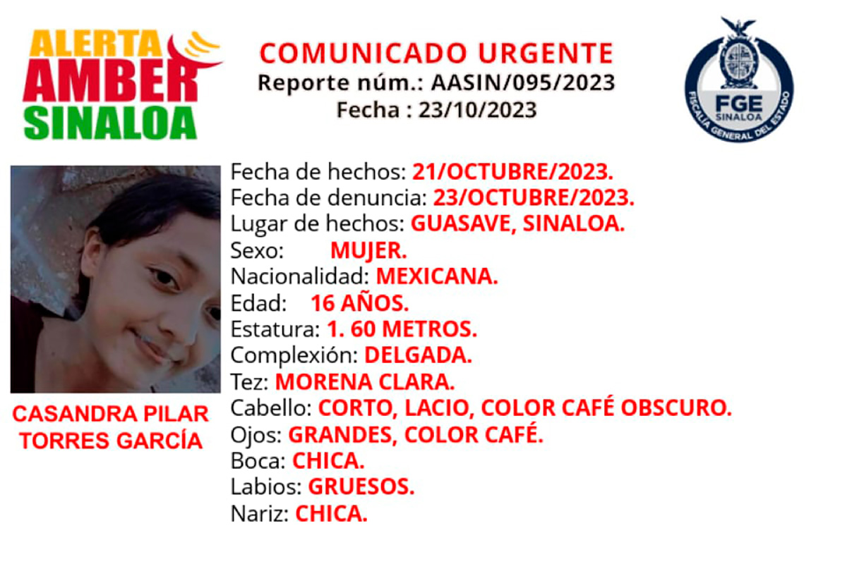 Activan Alerta Amber por la desaparición de  Casandra Pilar en Guasave