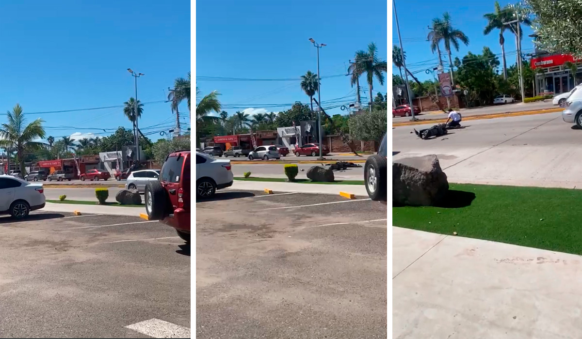 ¡Impresionante! Poste de telefonía se viene abajo y una joven motociclista resulta lesionada