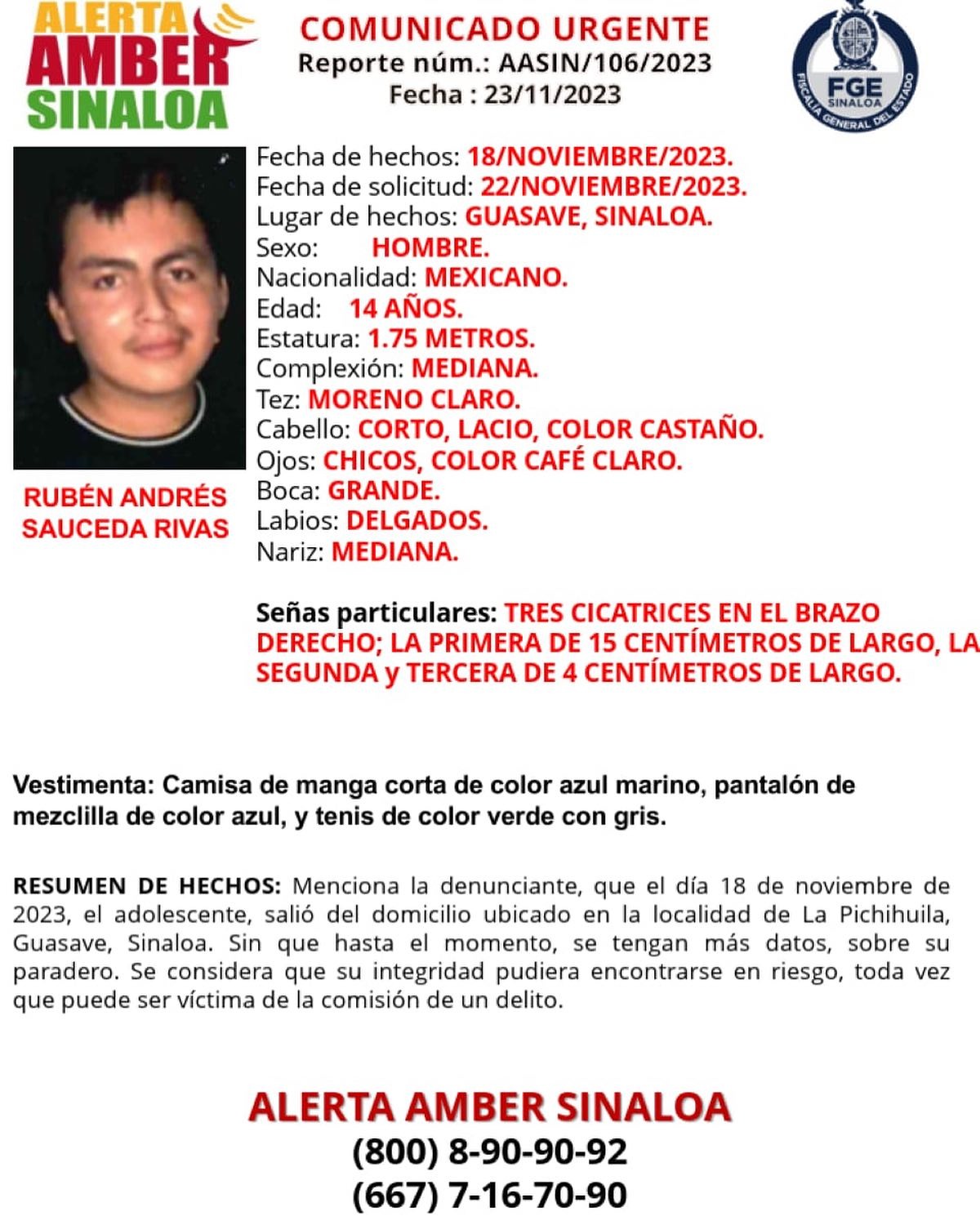 Lanzan Alerta Amber para encontrar al adolescente Rubén Andrés, en Guasave