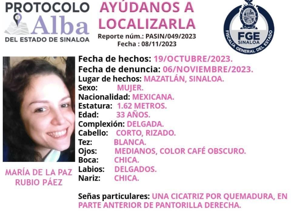 María de La Paz no aparece desde el 19 de octubre en Mazatlán