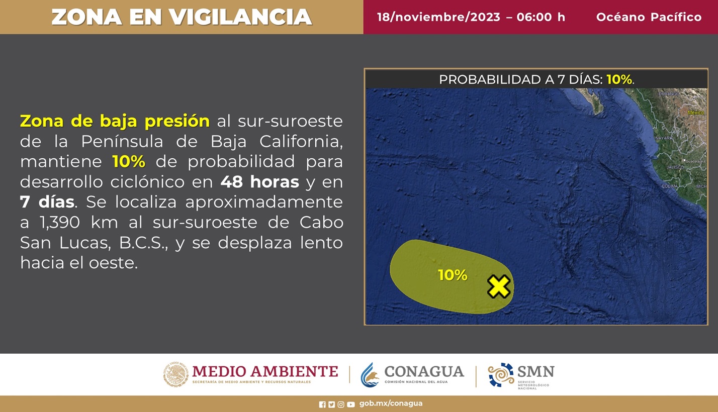 Zona de baja presión se localiza al sur-suroeste de la península de Baja California
