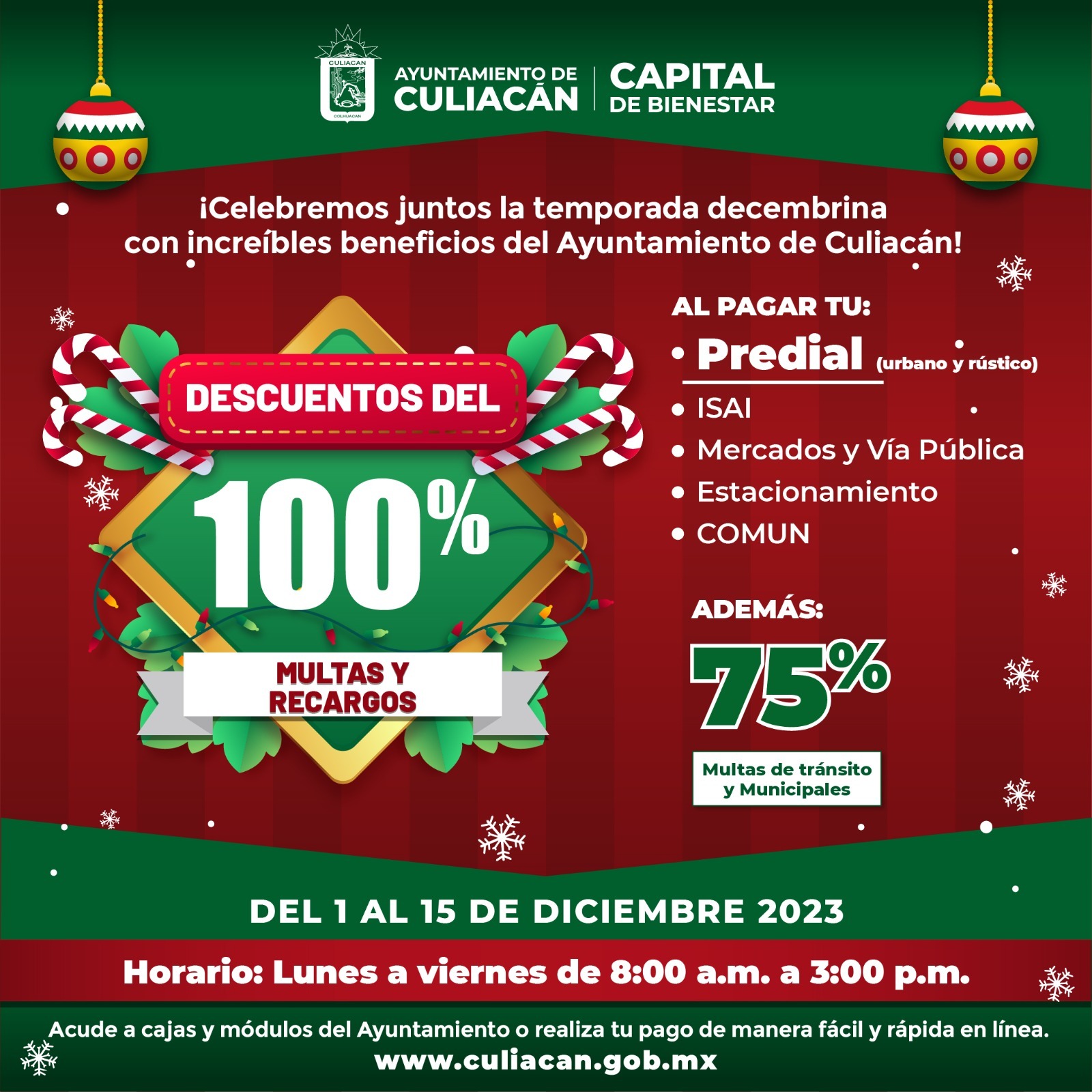 Ayuntamiento de Culiacán ofrece descuentos en impuestos municipales por época decembrina