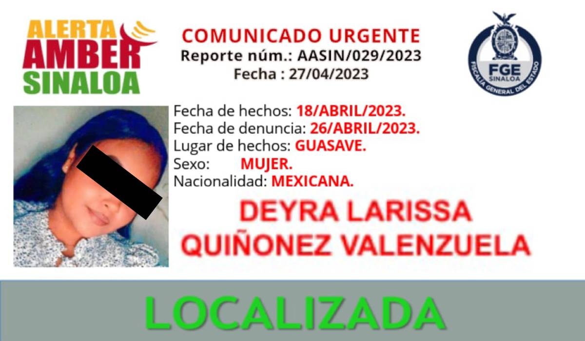 Deyra Larissa tenía más de seis meses desaparecida en Guasave; FGE desactivó la Alerta Amber al ser localizada
