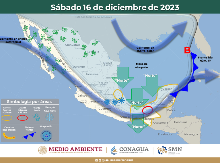Frente frío Núm. 17 traerá bajas temperaturas al norte de México y lluvias al sur