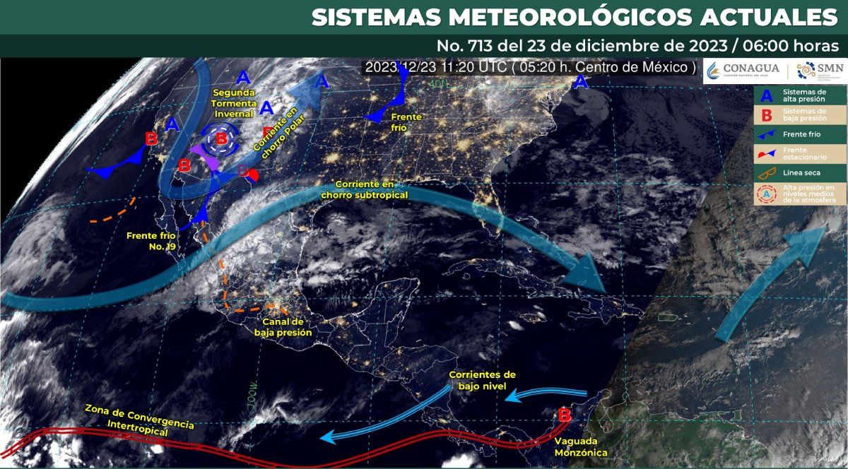 El frente frío 19 y la segunda tormenta invernal provocarán lluvias y caída de nieve sobre el norte de México
