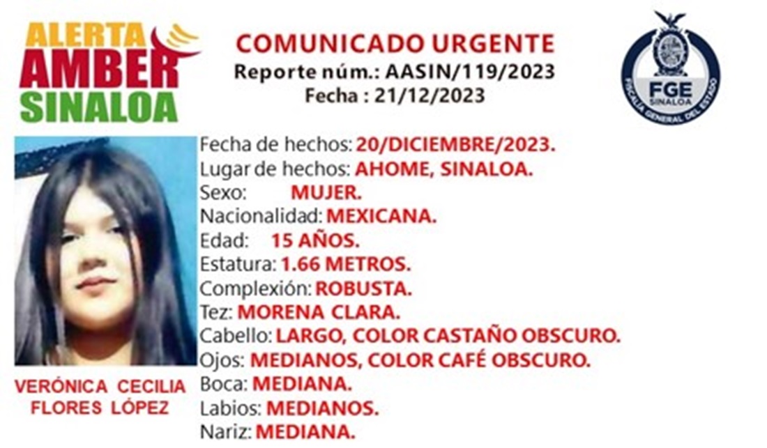 Activan Alerta Amber para localizar Verónica Cecilia, de 15 años, desaparecida en Los Mochis