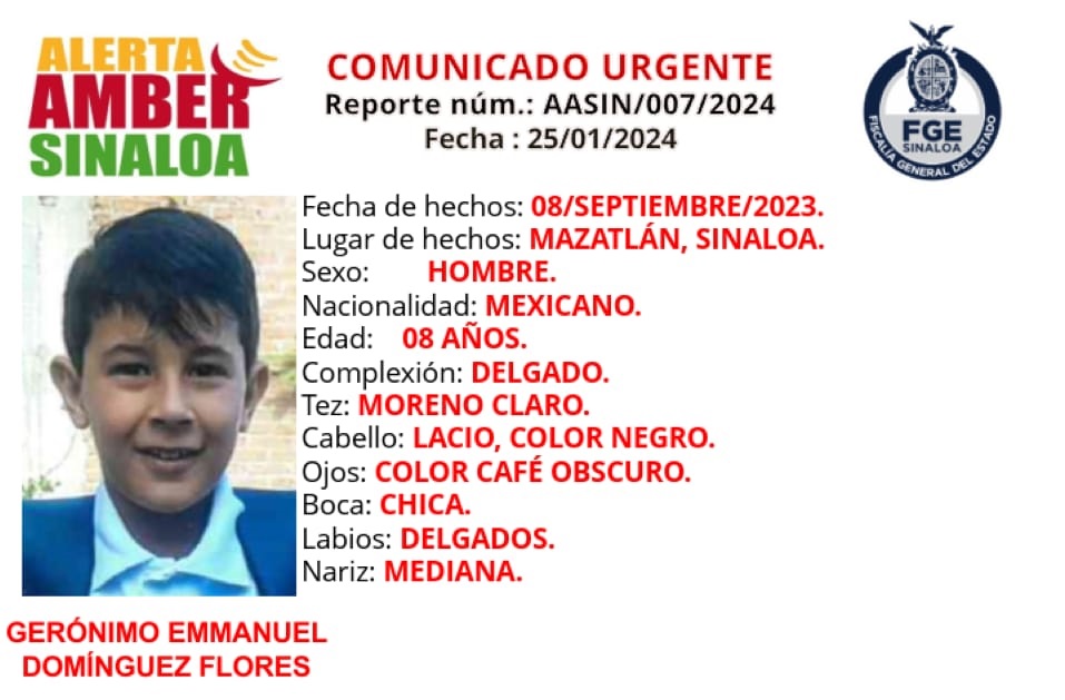 Alerta Ámber para localizar a Jerónimo Emmanuel Domínguez, desaparecido en Mazatlán