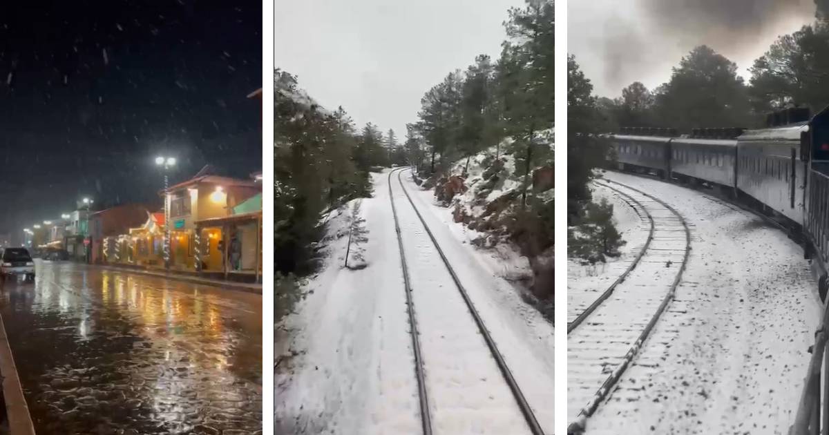 Cae la primera nevada de la temporada en Barrancas del Cobre, el Chepe Express se pinta de blanco