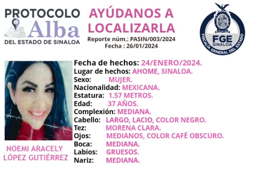 Buscan a Noemí Aracely, desaparecida en Los Mochis desde el pasado 24 de enero