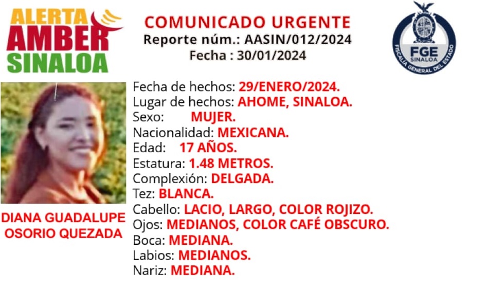 Alerta Amber para localizar a Diana Guadalupe de 17 años de edad, desapareció en Los Mochis