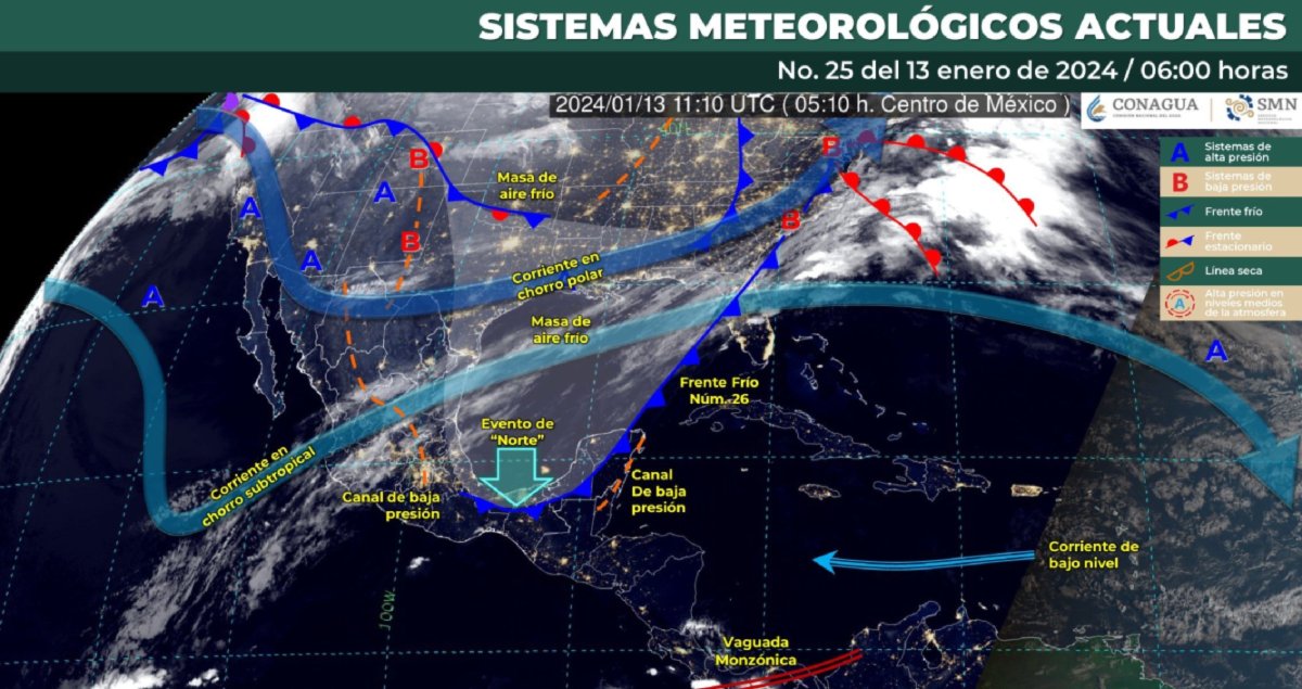 Frente frío 26 provoca lluvias en varios estados de México