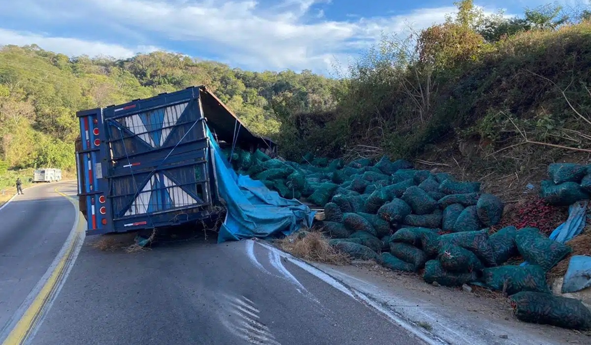Vuelca tráiler cargado de chiles cerca de la comunidad de Malpica, en Concordia