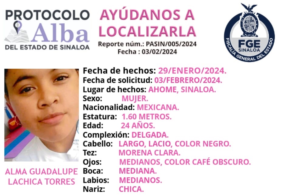 Fiscalía activa protocolo Alba para localizar a Alma Guadalupe desaparecida en Los Mochis