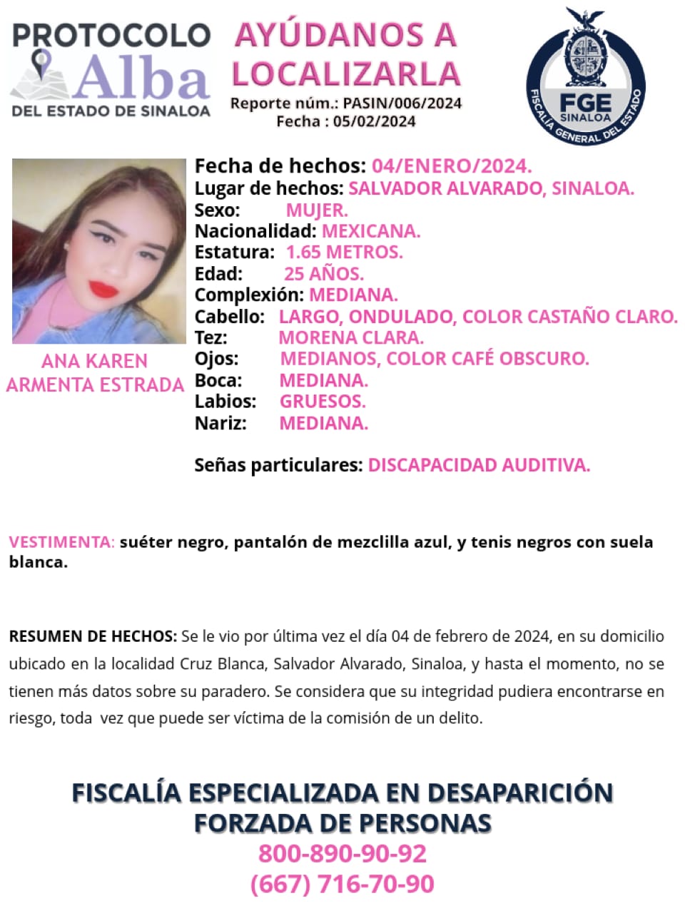 Se activa la Alerta Amber para localizar a Ana Karen Armenta Estrada de Salvador Alvarado