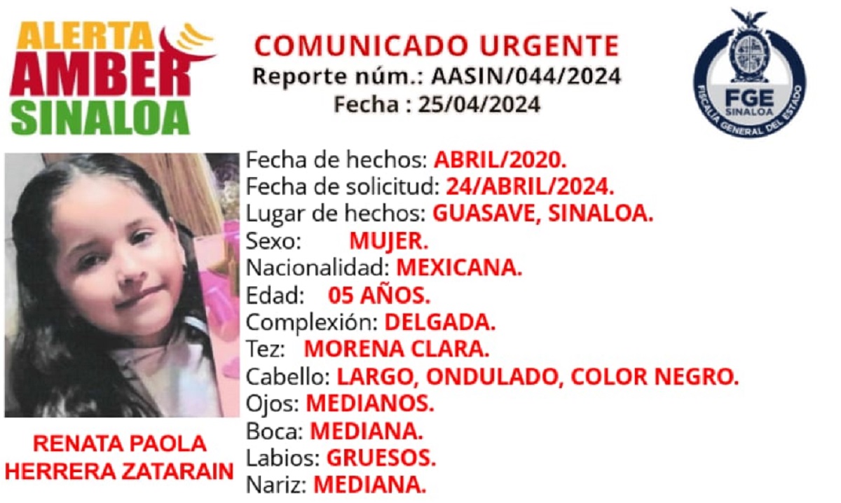 Activan Alerta Amber por la desaparición de una menor de cinco años en Guasave