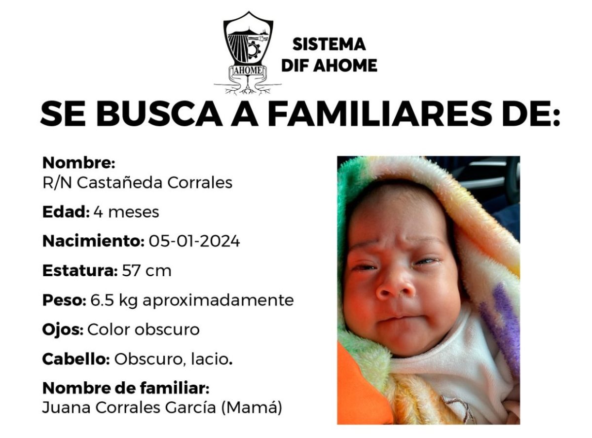 Se busca a los padres de bebé abandonada en el ejido La Arrocera; se lanza ficha con sus datos
