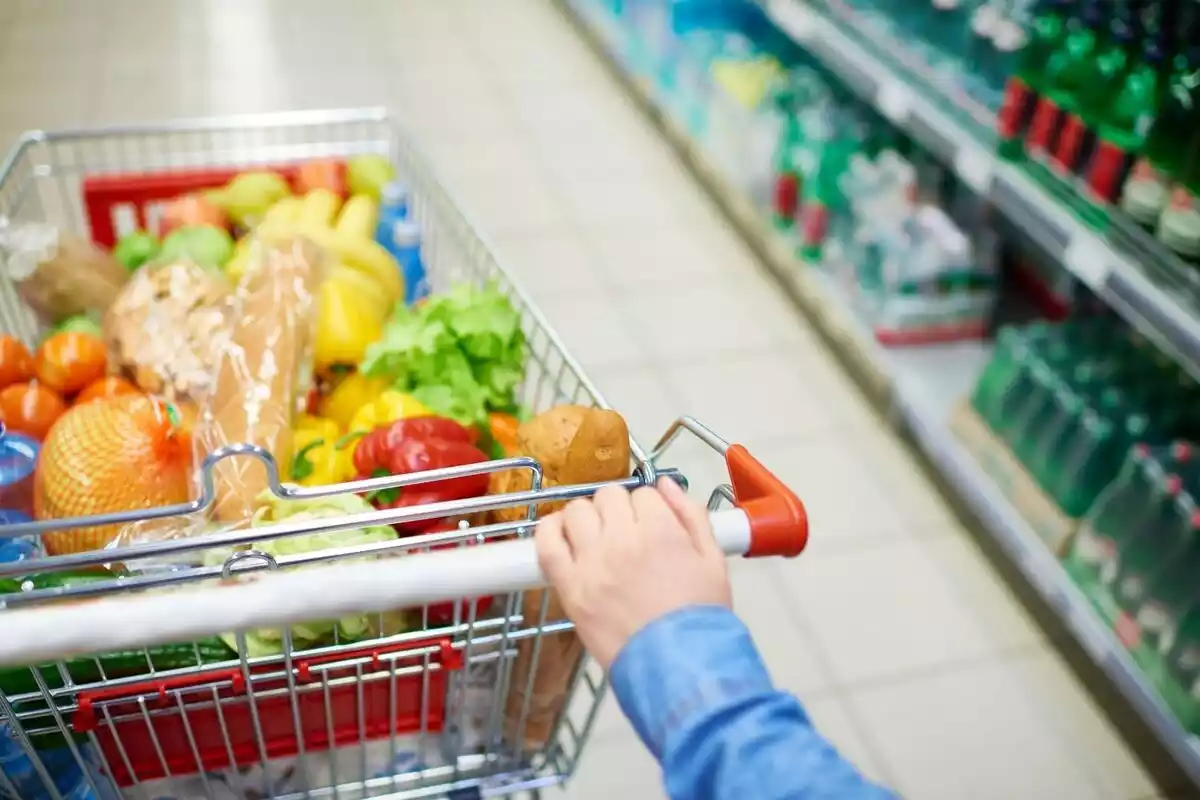Carrito del super con frutas, verduras y otros alimentos