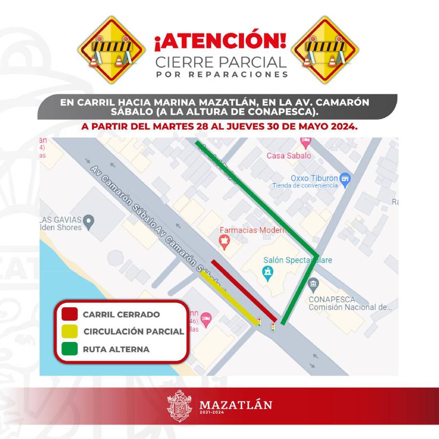 Hay cierre parcial de la Avenida Camarón Sábalo en Mazatlán a la altura de Conapesca
