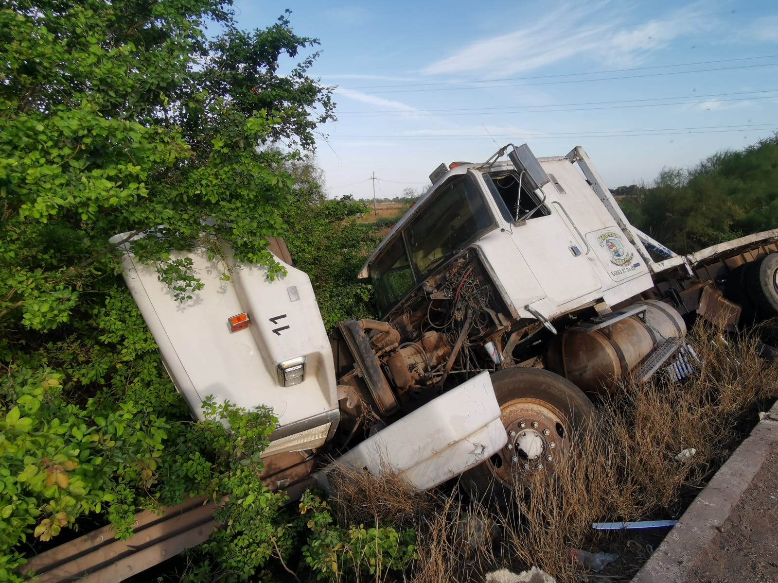 Vuelca tractocamión cargado de madera en rúa federal México 15, en Los Mochis
