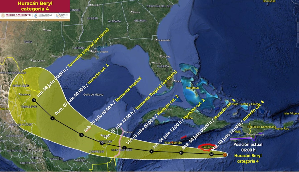 Huracán ‘Beryl’ ingresará en dos ocasiones a México, estos serán los estados afectados: PC