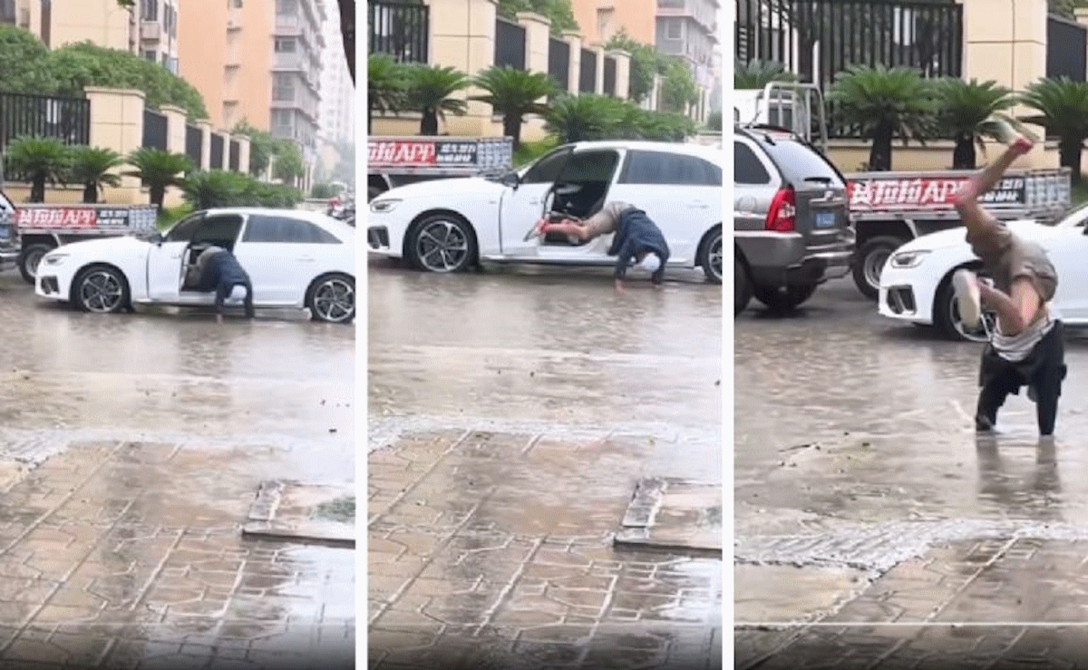 ¿Serían tenis nuevos? Como malabarista joven busca no mojarse al cruzar encharcamiento (Video)