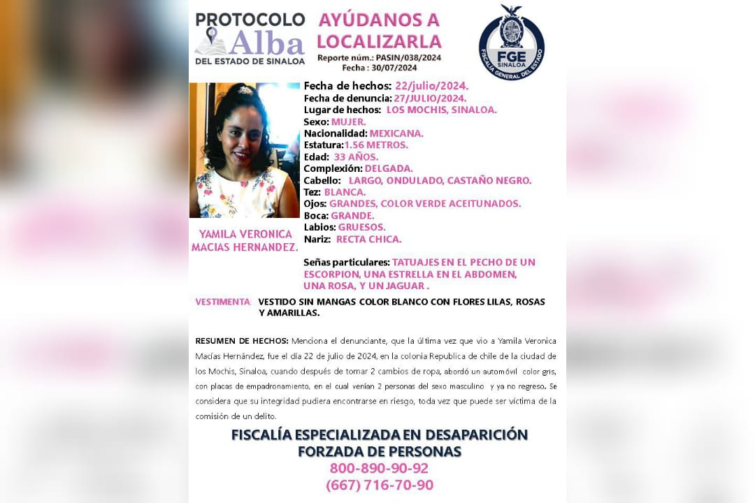 Activan en el protocolo Alba para localizar a Yamila Verónica desaparecida en Los Mochis