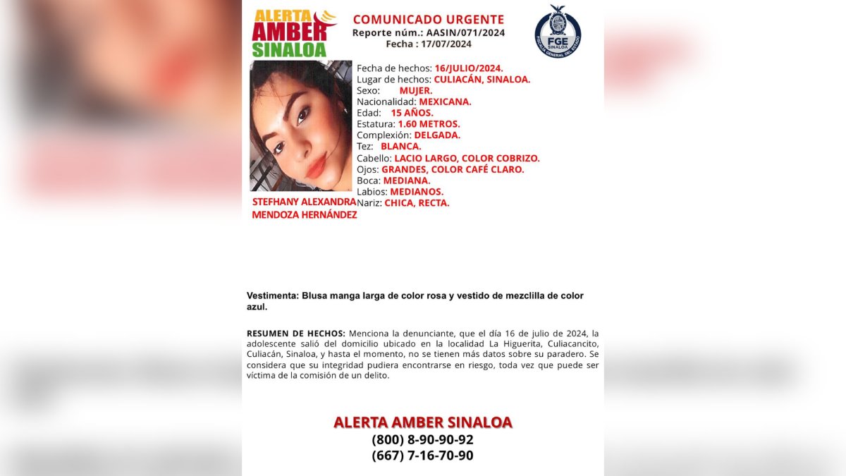 Activan Alerta Amber para localizar a una joven adolescente de La Higuerita, Culiacán
