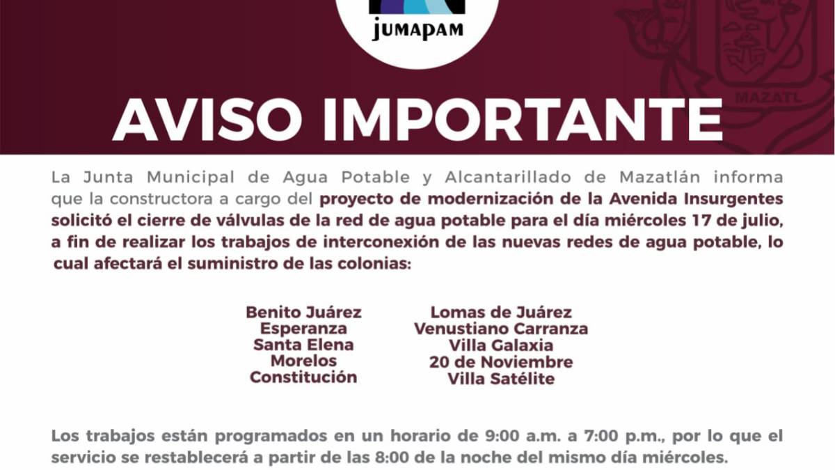 ¡Atención! En 10 colonias de Mazatlán no habrá agua por interconexión de líneas en la avenida Insurgentes