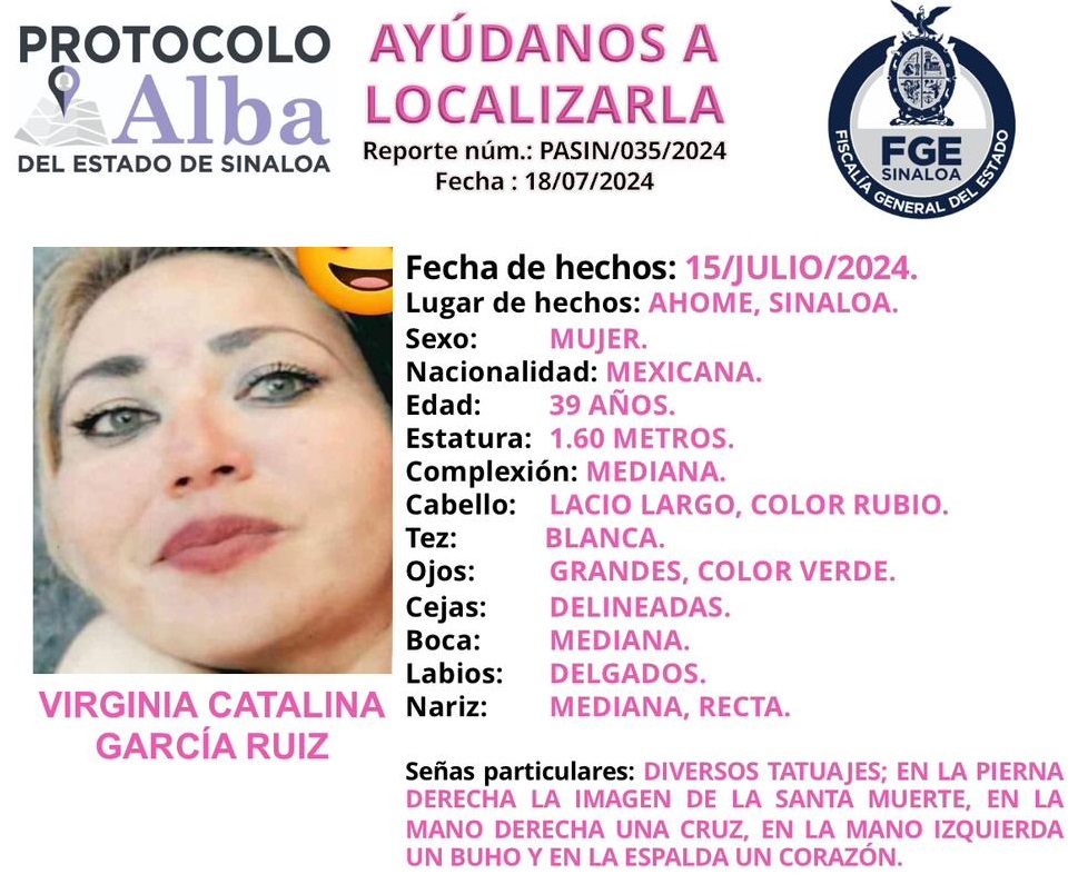 Activan Protocolo Alba para localizar a Virginia Catalina desparecida en Los Mochis