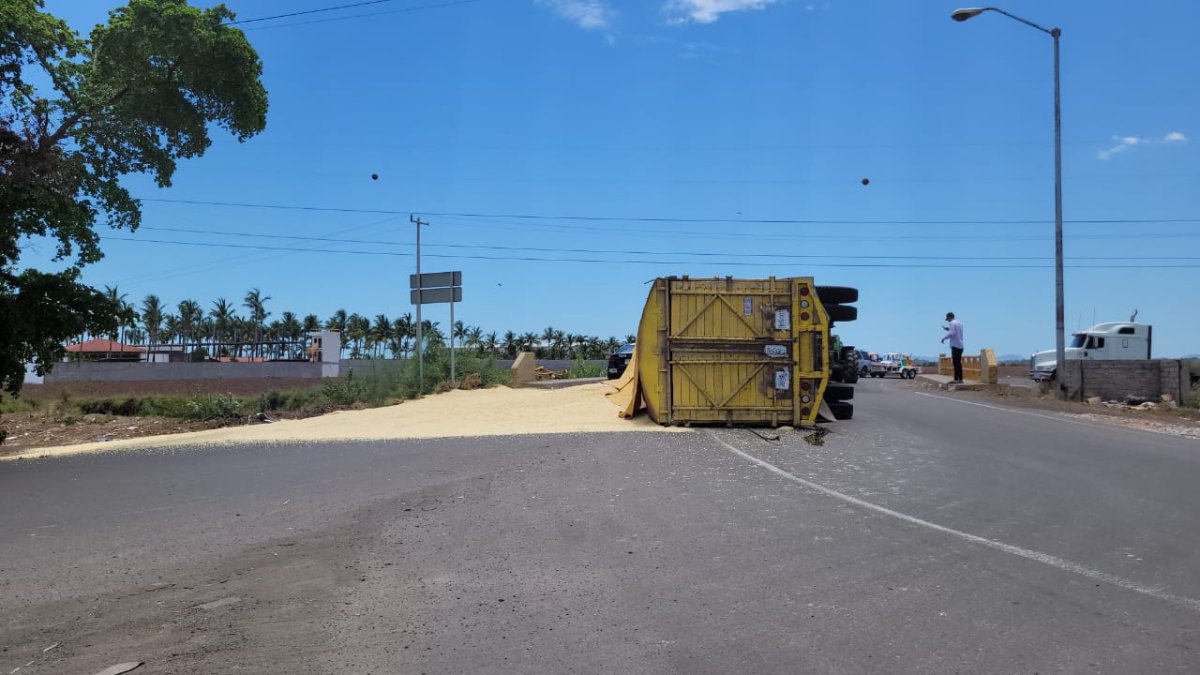 Tractocamión con maíz queda volcado en la curva de Libramiento oriente y carretera México 15, en Ahome