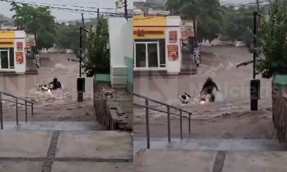 (VIDEO) Arrastra arroyo a joven con todo y su moto frente al Hospital General de Culiacán