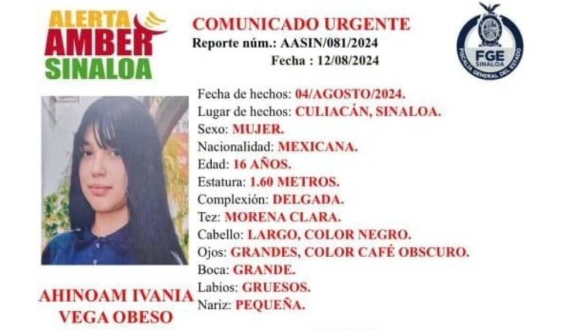 Activan Alerta Amber para localizar a Ahinoam Vega, adolescente extraviada hace 10 días en Culiacán