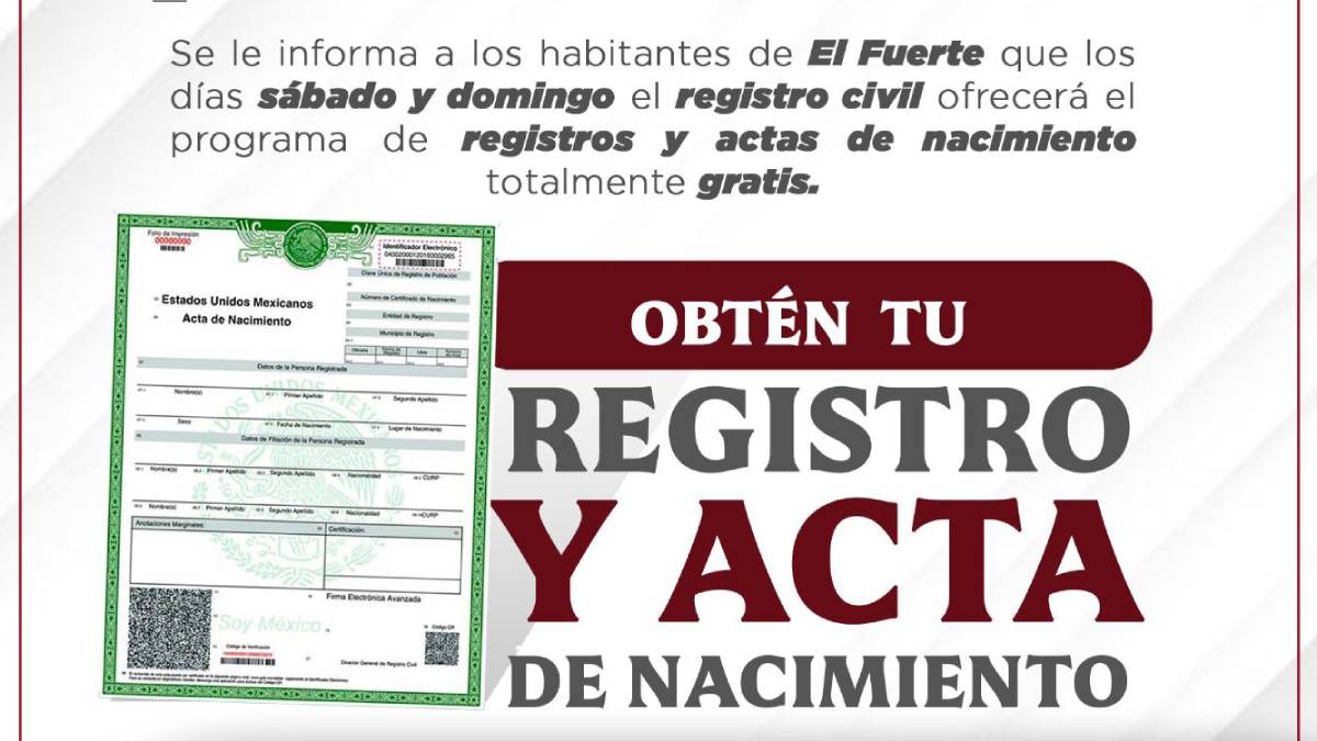 Habrá módulo de registro civil con actas y registros de nacimiento gratis en El Fuerte