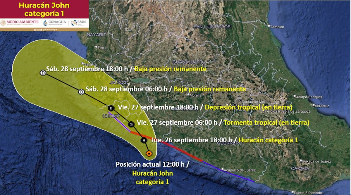 Clima | El huracán ‘John’ categoría 1  ‘enfila’ para tocar tierra entre Colima y Michoacán este viernes