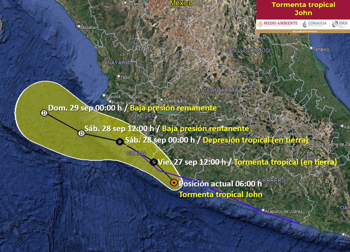 Clima | ‘John’ se degradó a tormenta tropical y su centro se ubica frente a Michoacán