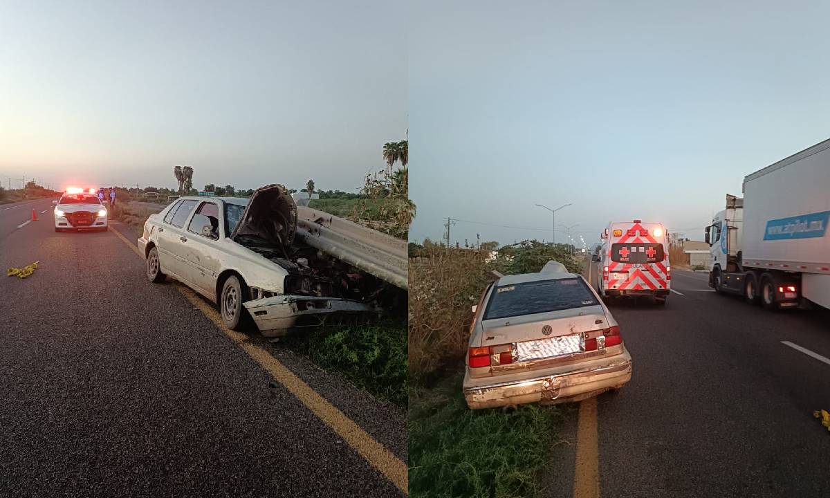 Conductor de un Jetta se impacta contra valla protectora de la rúa federal México 15 en Ahome