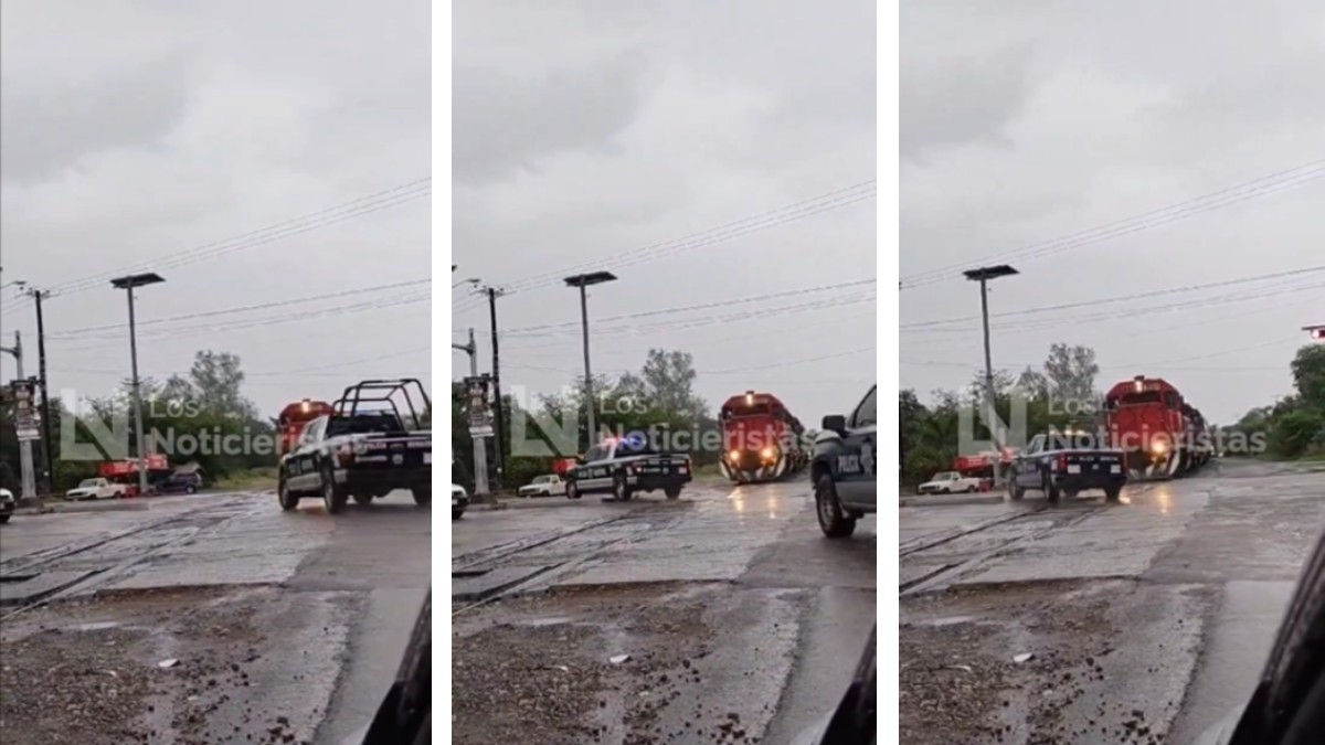 (VIDEO) ¡Que peligroso! Policías Municipales de Culiacán aceleran para ganarle el paso al tren