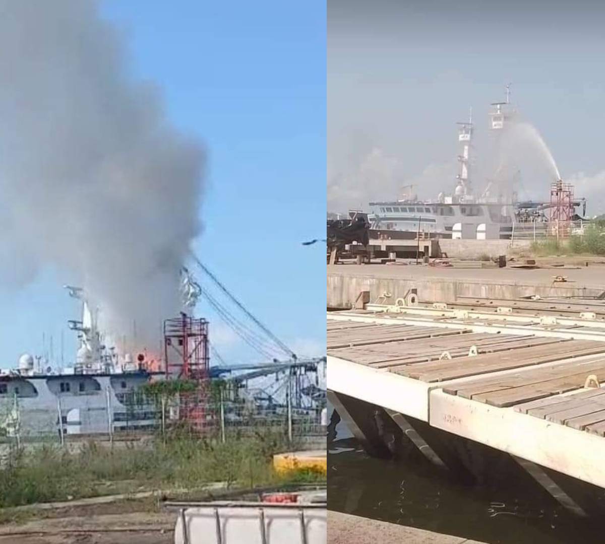Se registra incendio en barco atunero en el muelle pesquero de Alfredo Bonfil en Mazatlán
