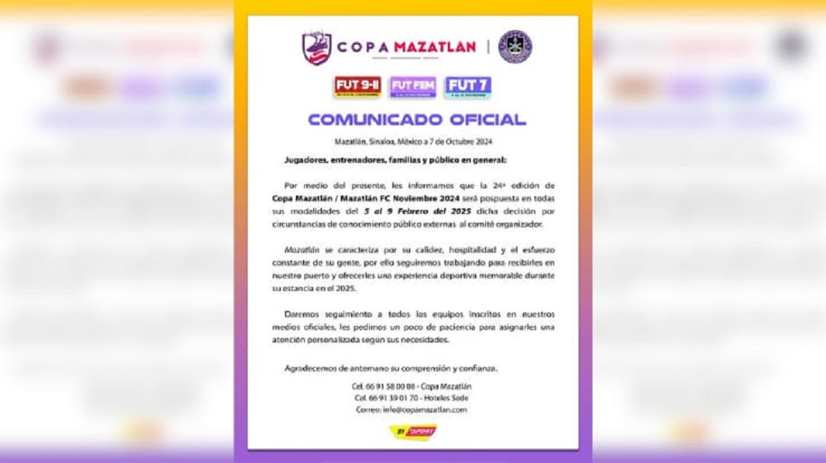 Posponen la 24 Edición de la Copa Mazatlán por circunstancias en Sinaloa