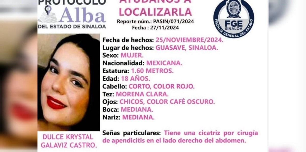 Dulce Krystal desapareció hace dos días en Guasave; autoridades activan el Protocolo Alba