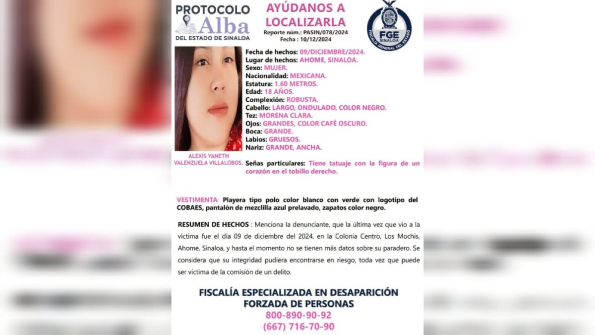 Activan Protocolo Alba para localizar a la joven Alexis Yaneth desaparecida en Los Mochis