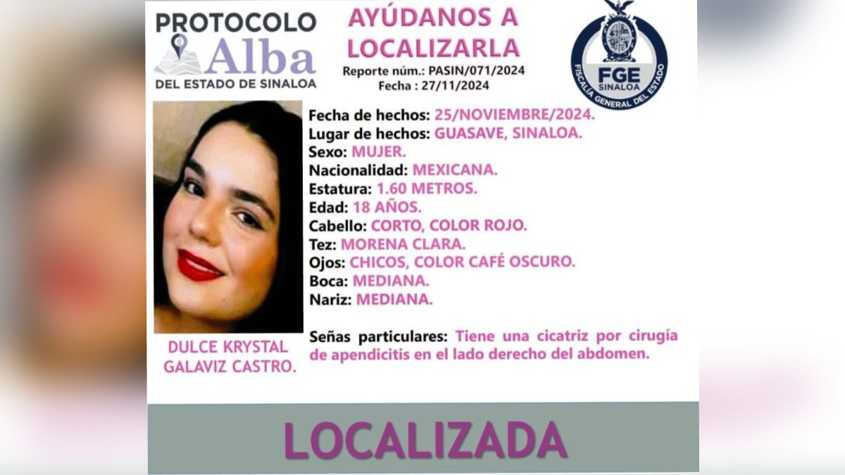 Después de 10 días desaparecida en Guasave, Dulce Krystal fue localizada por su familia