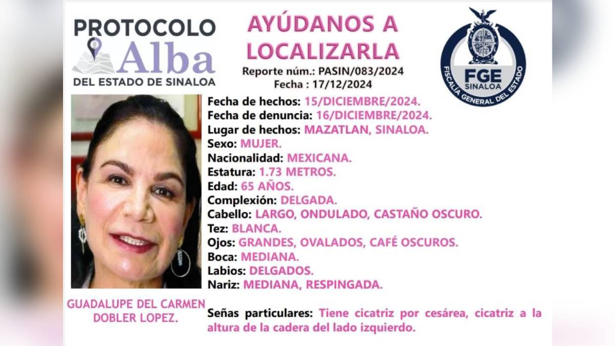 Activan Protocolo Alba por desaparición de doctora Guadalupe Dobler en Mazatlán