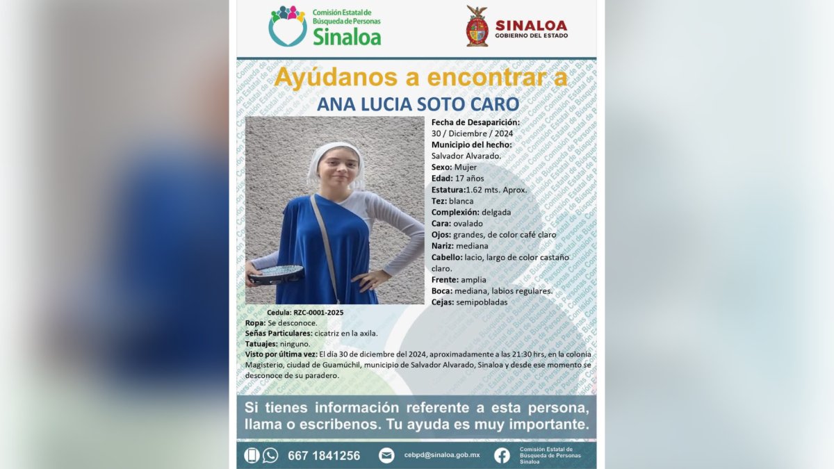 Ayuda a encontrar a Ana Lucía Soto Caro, de Guamúchil; desapareció el pasado 30 de diciembre