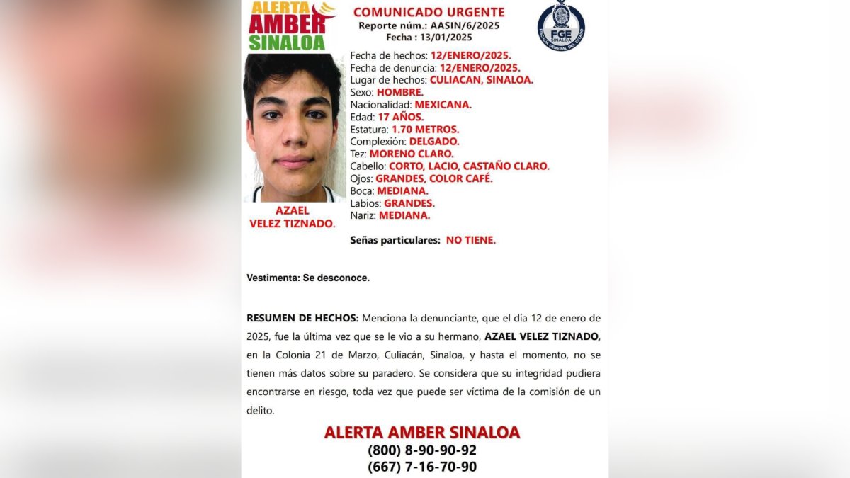 Familiares buscan a Azael, de 17 años; lo ‘levantaron’ en la 21 de Marzo, en Culiacán