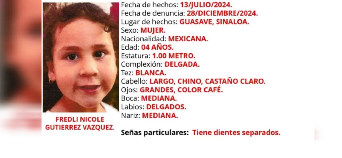 FGE lanza Alerta Amber por la desaparición en Guasave de Fredli, de 4 años de edad