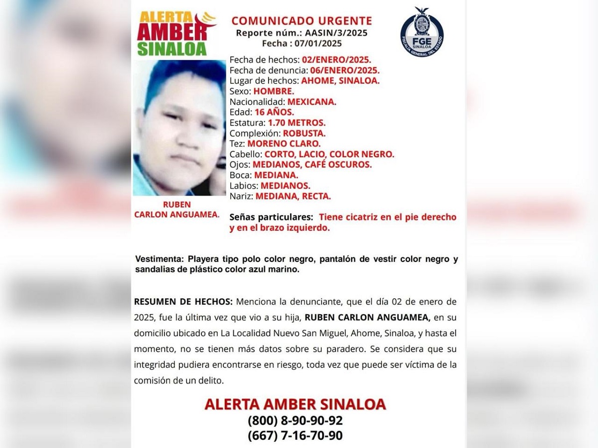 Rubén Carlon de 16 años, es buscado por sus familiares en el municipio de Ahome